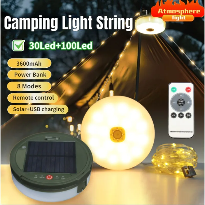 

10m 100 LEDs Solar Camping String Lights USB Rechargeable Stowable String Lights 8 Modes Decorative Patio Party Camping Lights