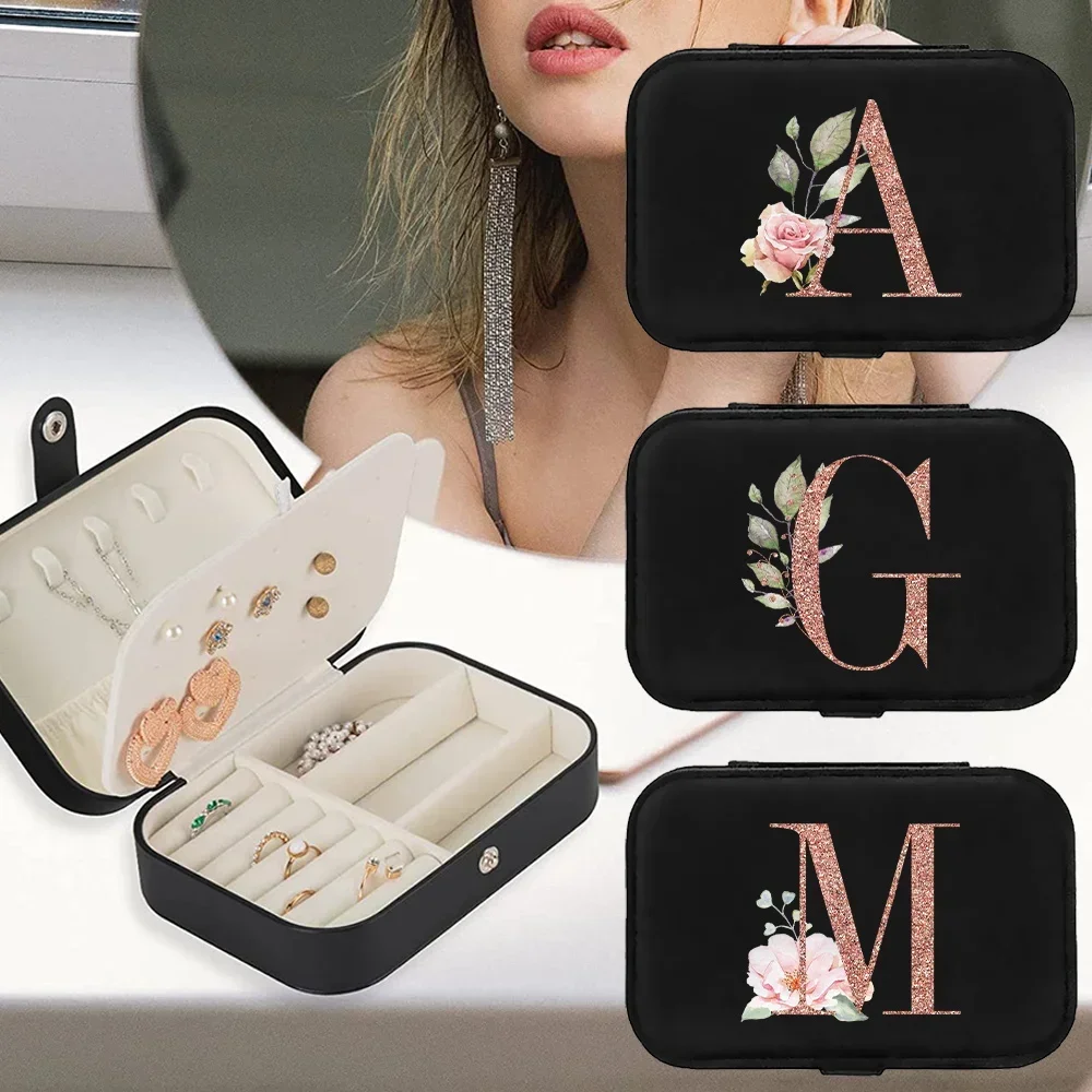 Earrings Storage Bag Jewelry Box  Ring Holder Desktop Drawer Necklace Holder PU Leather Jewel Shiny Rose Gold Letter Fashion2023