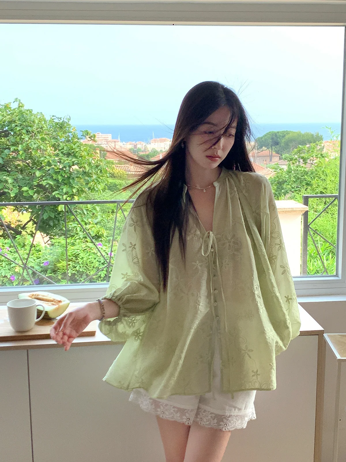 

Aboutpoem Summer irt Women's round Ne Long Sve Embroidered Heavyweight Lantern Sve Blouse Belt Design Cover up