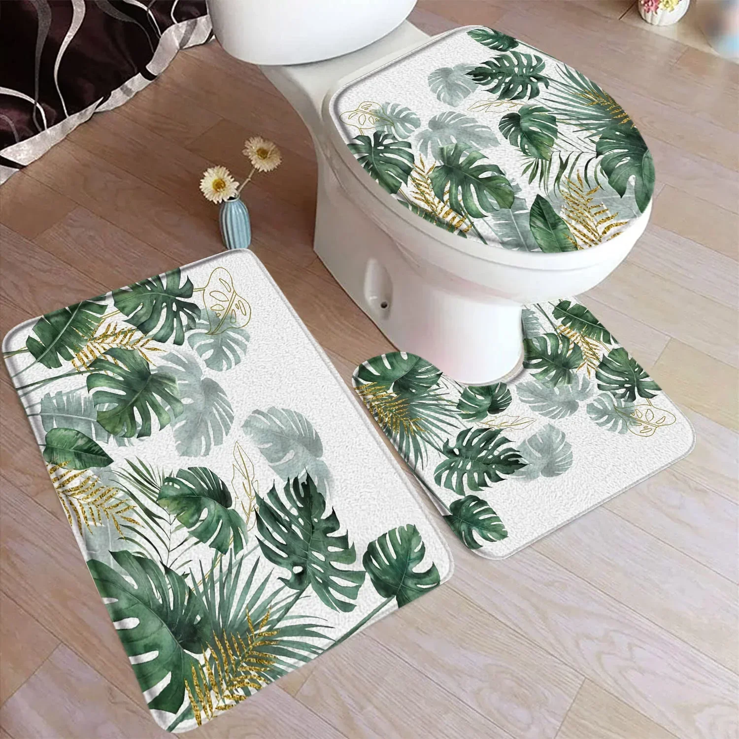 Tropical Leaves Bath Mat Set Palm Leaf Monstera Green Plants Home Carpet Flannel Bathroom Decorative Floor Rugs Toilet Lid Cover