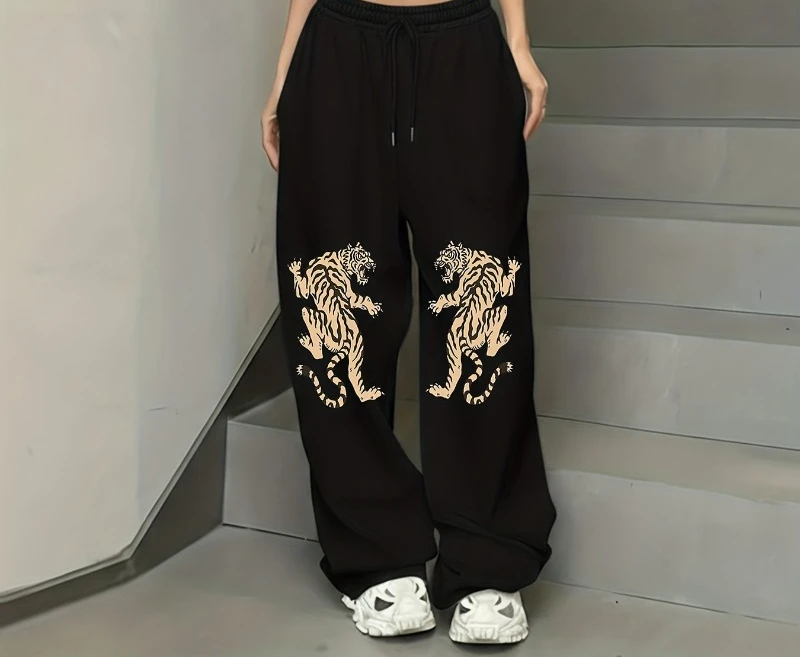 

Tiger Stripe Print Wide-Leg Pants with Elastic Drawstring Waist - Full-Length Length Casual Trousers, Tiger Pattern for Gym