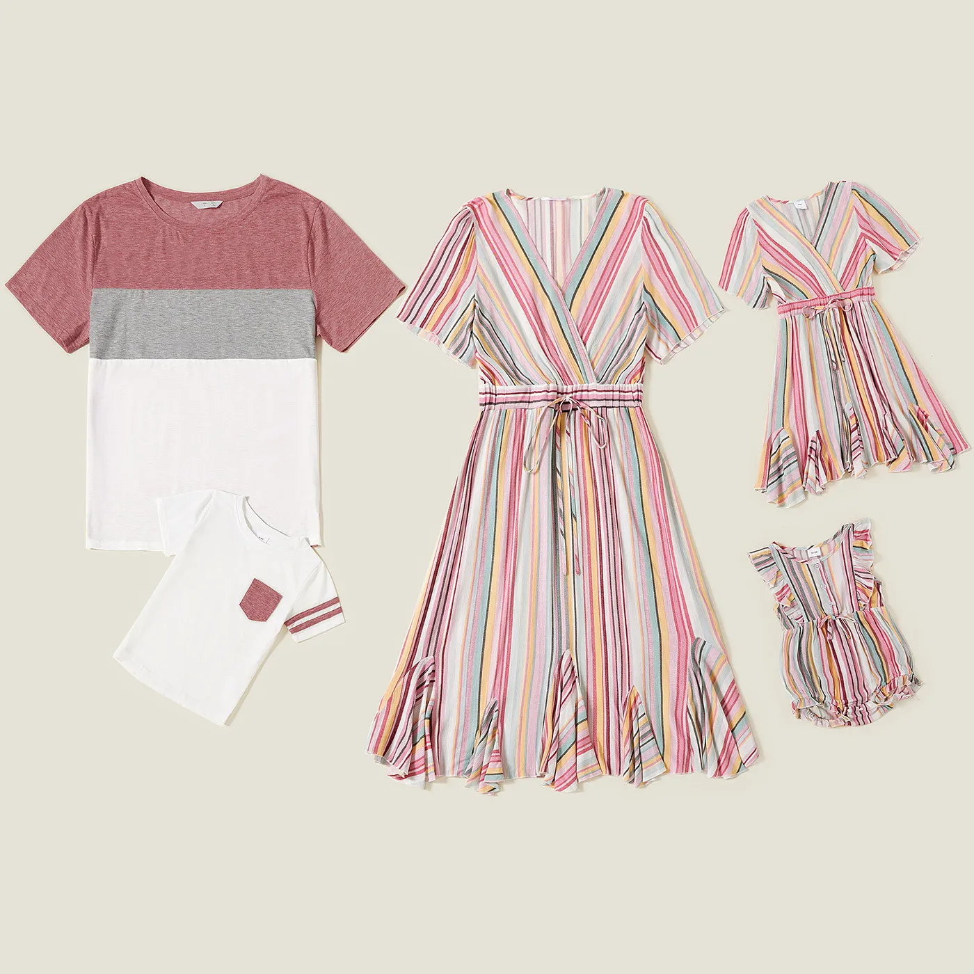 

Family Matching Dress for Mother and Daughter Colorful Striped Clothing Stitching Short Sleeves T-shirts Infant Baby Girl Romper