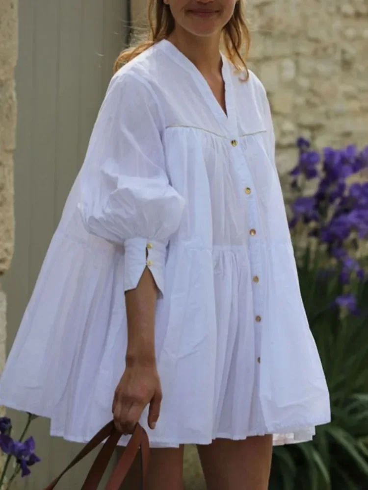 Women's Solid White Above Knee Pleated Dress V-neck Puff Sleeves A-line T-shirt Top Spring and Summer Casual Streetwear Dresses