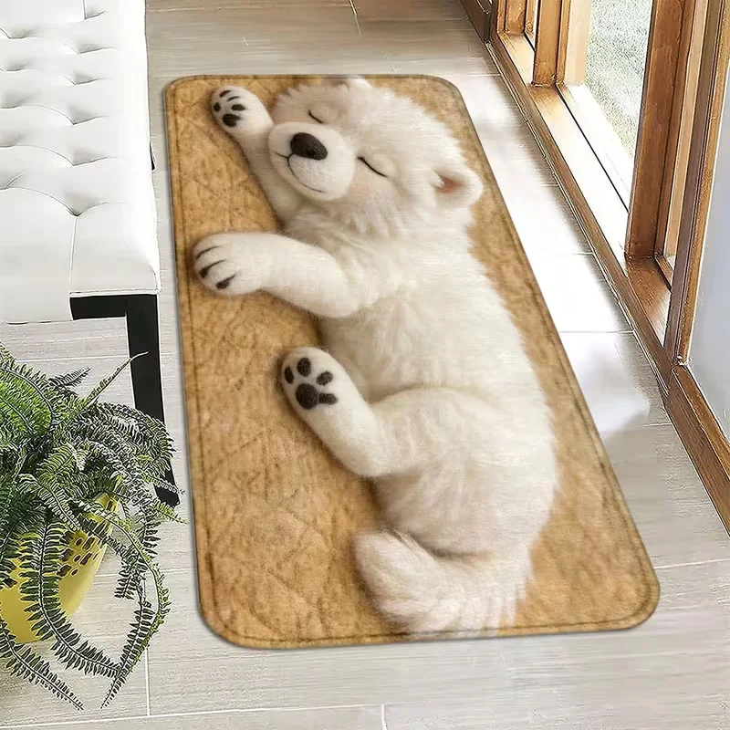 2D Cute Sleeping Samoyed Dog Runner Rug Soft Puppy Animal Print Hallway Kitchen Bedroom Entryway Carpet Home Decor Area Rug