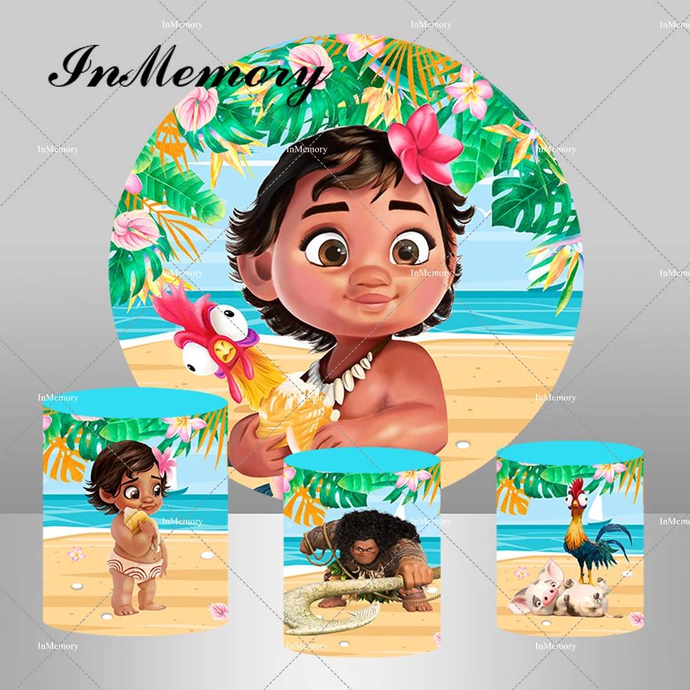 

Baby Moana Round Backdrop Cover For Baby Shower Girls 1st Birthday Party Background Plinth Covers Tropical Ocean Summer Banner