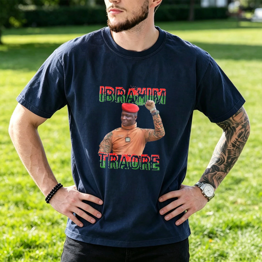 Retro Style Ibrahim Traore Raised Fist Burkina Faso Color Text Portrait Tshirt Unisex Soft Cotton Patriotic National Fan Apparel