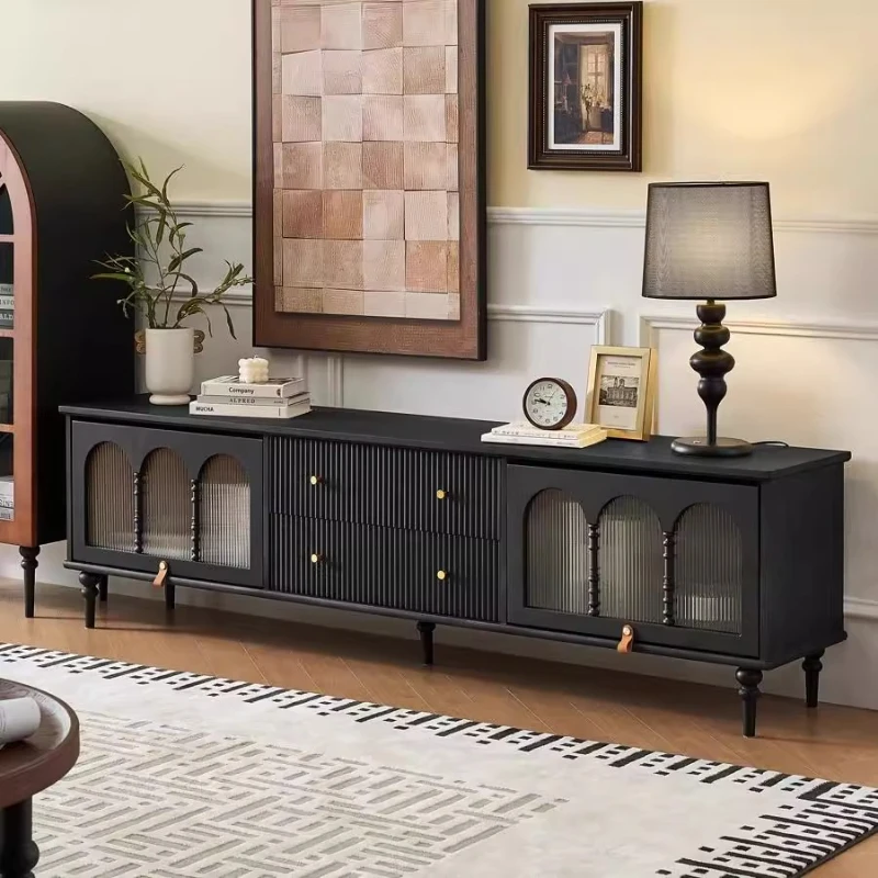 

French retro solid wood TV cabinet, living room storage locker integrated with lamp, black medium antique