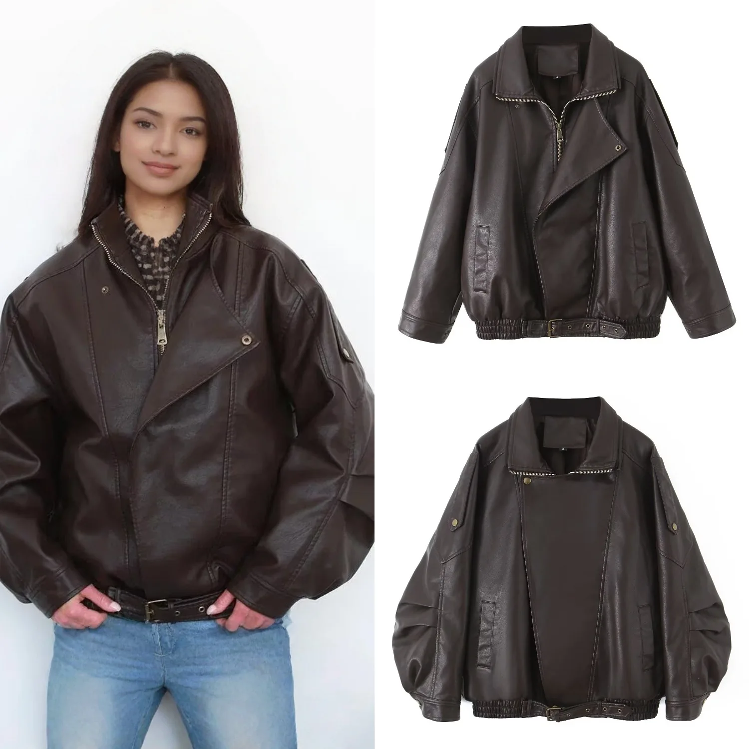 

Новая весенне-осенняя женская уличная одежда в стиле ретро, свободная куртка из искусственной кожи, мотобайкерская женская винтажная куртка на молнии с поясом, верхняя одежда