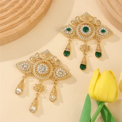 Moroccan Cutout Pattern Metal Brooch Rhinestone Embellished Master Carved Water Drop Fringe Bridal Wedding Party Jewelry