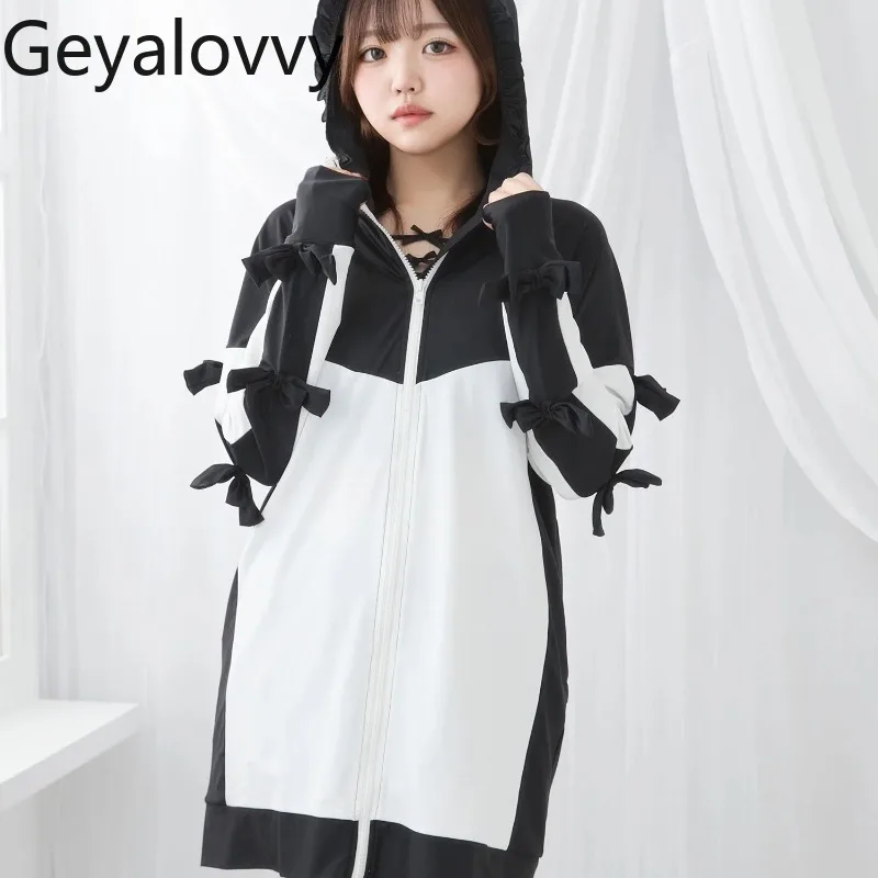 

Свитшот в японском стиле: свободная куртка с защитой от солнца, милый капюшон с бантом, универсальный однотонный, средней длины, с длинными рукавами