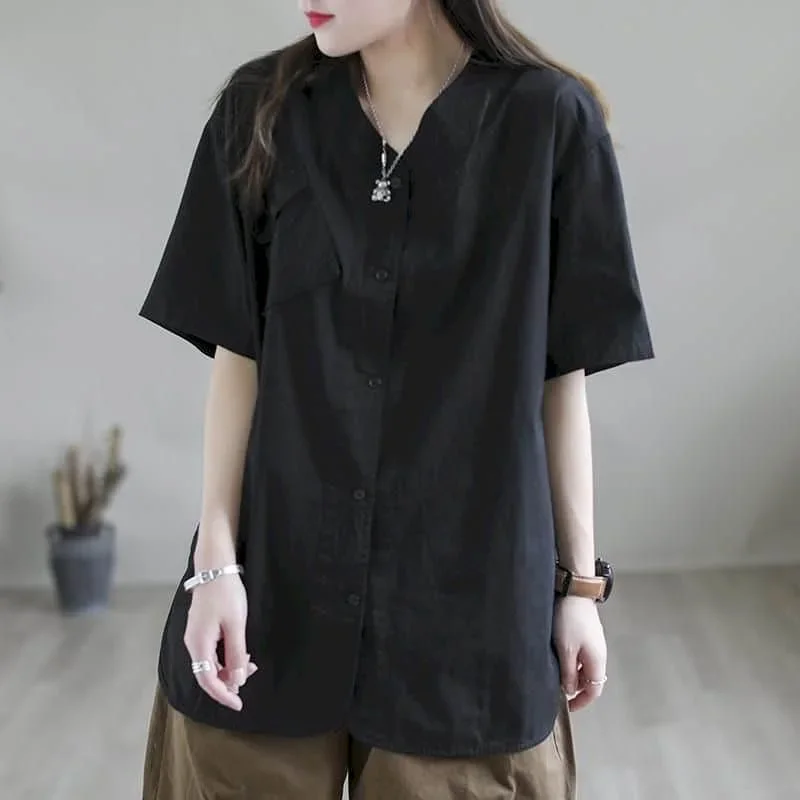 Camisas para mulheres de algodão tamanho grande verão fino manga curta 2024 novo sólido solto casual coreano moda blusa feminina escritório topos