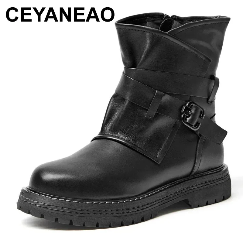 

CEYANEAO Autumn/Winter New Martin Boots Genuine Leather Round Toe Buckle Strap Hoof Heels Casual Retro Zipper Ankle Women Shoes