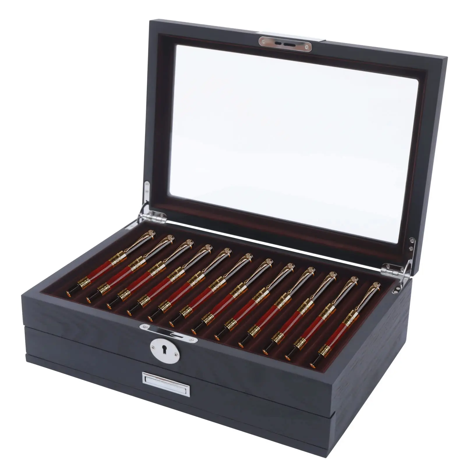 ปากกาไม้กล่อง, 12 Slot Fountain Pen Organizer กล่อง Key & Clear Window หรูหราปากกาคอลเลกชันสําหรับ Shop, บ้าน, Scho