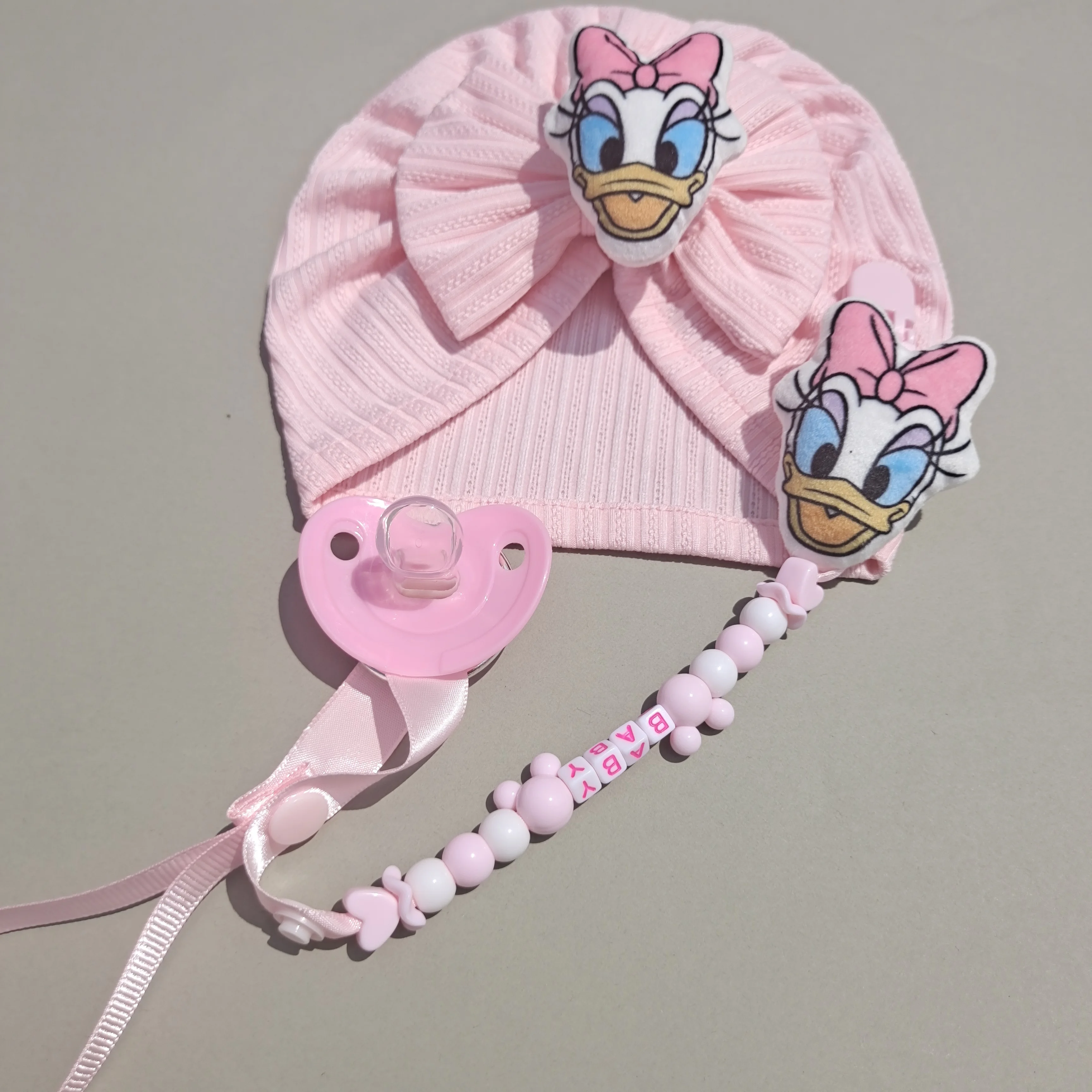 Disney Cartoon Solid Bow Cotton Newborn Caps for Kids Toddler Infant Hair Accessories Newborn Photography Customized Dummy Clip