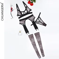 CHUANGERM Onlyfans Erotic Shapewear Sexy Sexy Black Leopard Print Women's Underwear Hot Lingerie Four Piece Set Bra Top Panties