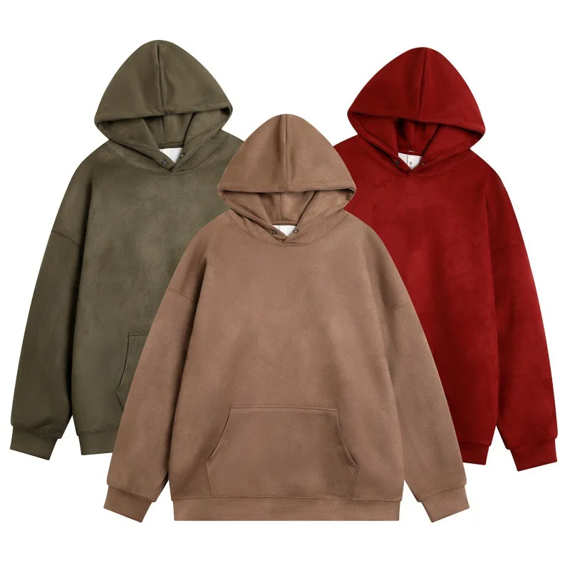 

2023 Autumn New Men's Sweater Solid Suede Hooded Street Apparel Outdoor Casual Loose Breathable Pullover Men Clothing