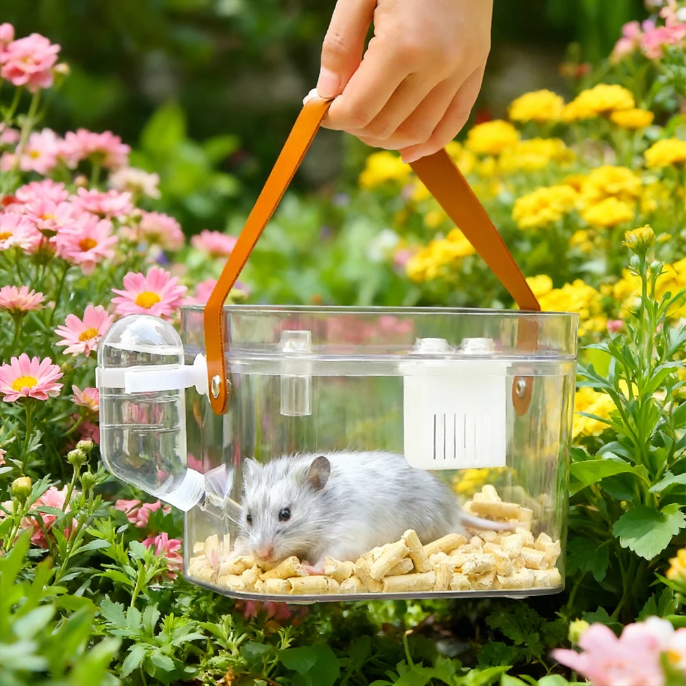 

1 PC Panoramic Transparent Hamster Carrier Breathable Small Animals Travel Cage with Water Bottle Ice Box for Pet Birds Hamster
