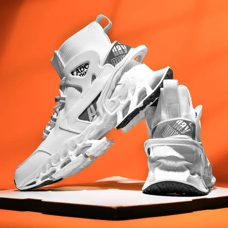 Men's Sports Shoes, High Top Elastic Fly Woven Basketball Shoes, Shock-absorbing Three-dimensional Oversized Socks Running Shoes