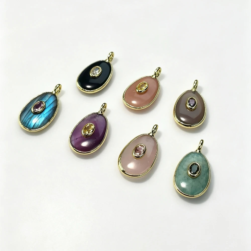 1PC Oval Natural Mineral Cabochon Pendant Multi-color Bezel Inlay Charm Women Layering Necklace Golden Plated P2D1082