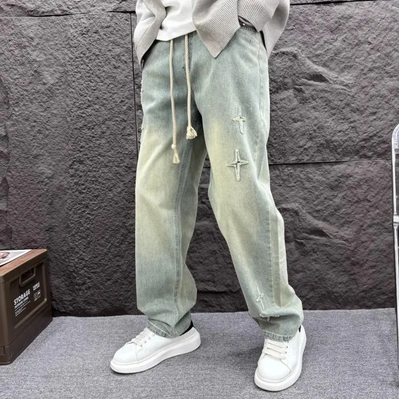 

Retro American Denim Jeans Men's Trendy Loose Straight Leg Autumn New Dstring Workwear Wide Leg Pants Youth Faion
