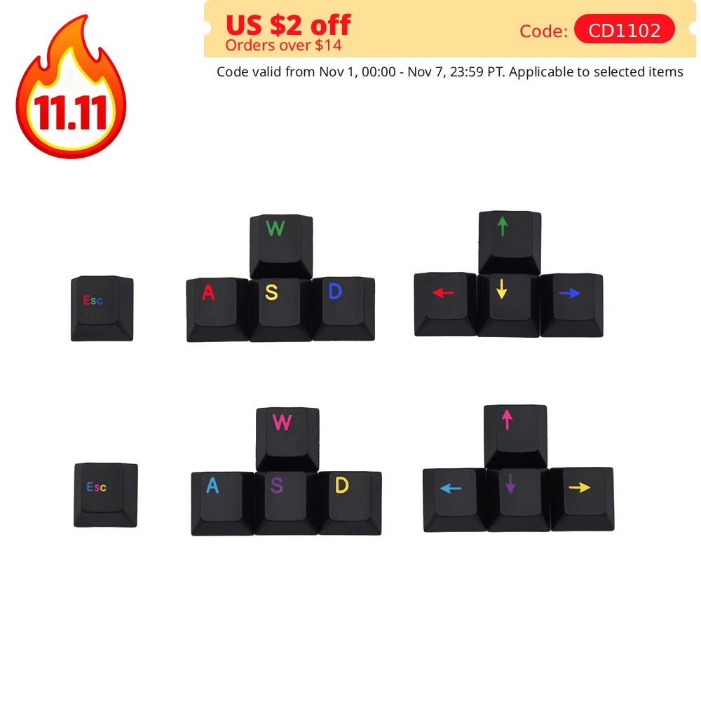 ESC WASD Arrow PBT Keycaps RGBY CMYW Mechanical Keyboard Black Keycaps Cherry Profile Backlit Key Caps