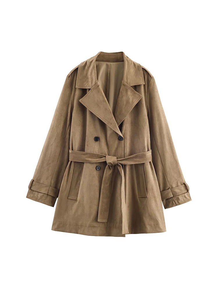 

European and American style autumn new fashion trend women's clothing lapel pocket decoration suede effect windbreaker jacket