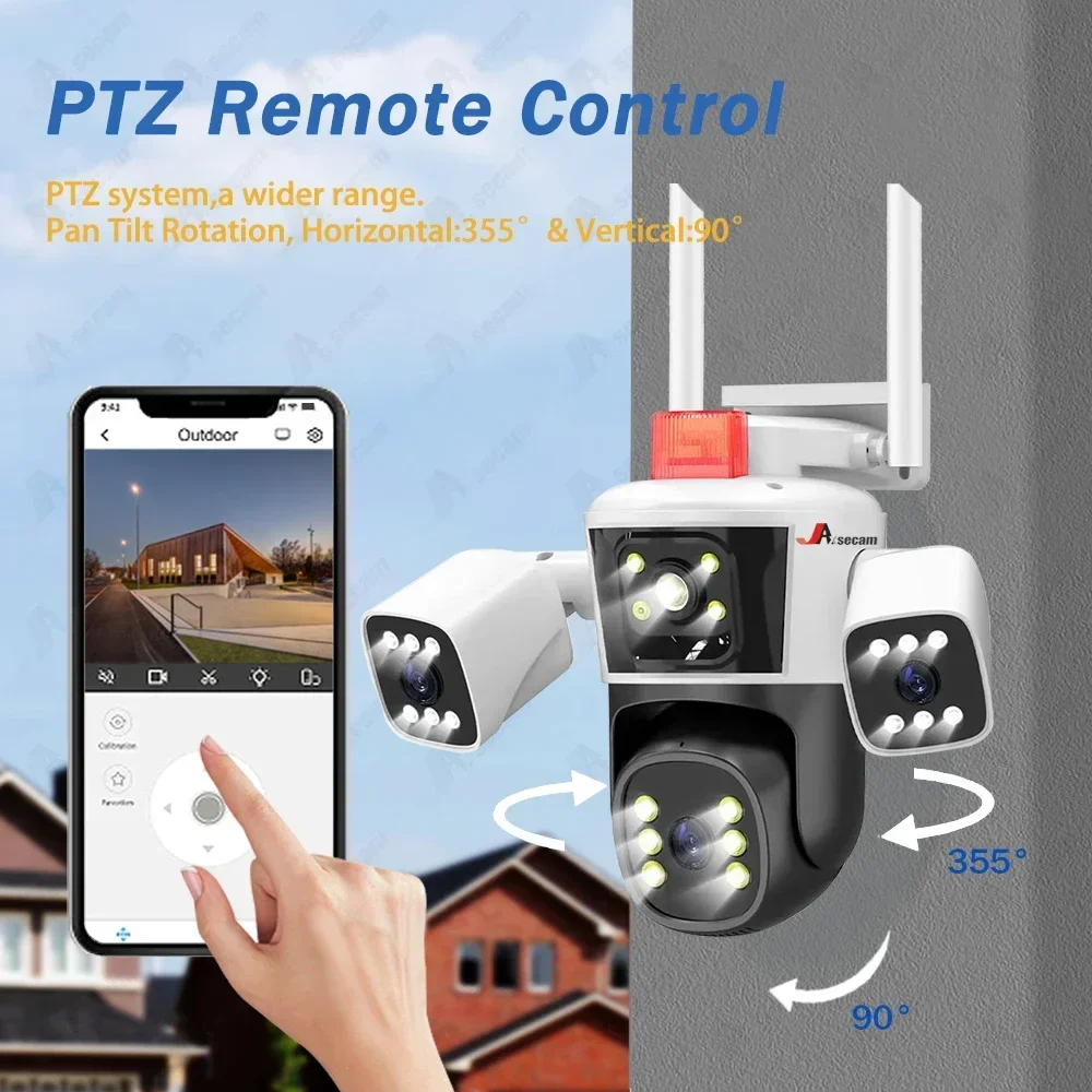 Kamera pengawas CCTV IP luar ruangan, kamera layar tiga lensa 12MP PTZ WiFi 6K luar ruangan, deteksi gerakan