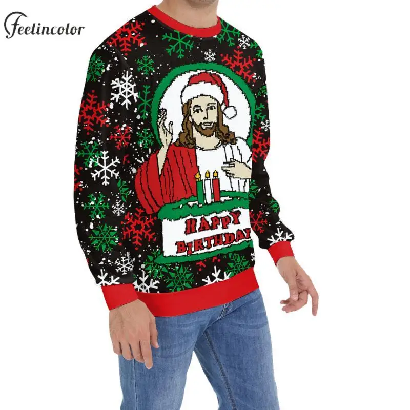Jesus Birthday Christmas Graphic Sweatshirt for Men Xmas Dog Elk 3D Print Pullover Family Matching Hoodies Autumn Couple Clothes