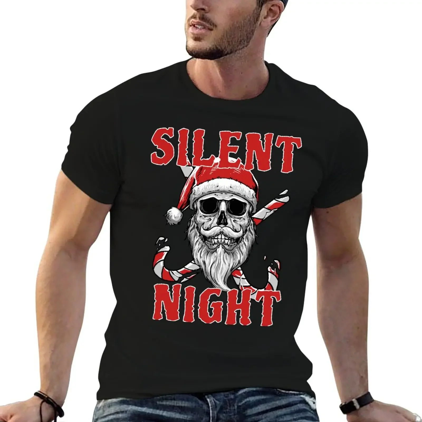 

Silent Night Skull Santa T-Shirt hippie clothes graphic t shirts oversizeds summer clothes heavyweight t shirts for men