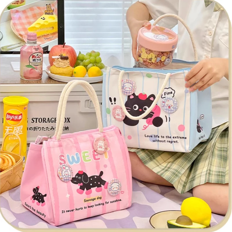 Kawaii Thermal Lunch Bags For Women Girl Kids Cute Portable Lunch Box Accessories Tote Bag Large Bento Pouch Food Storage Bags