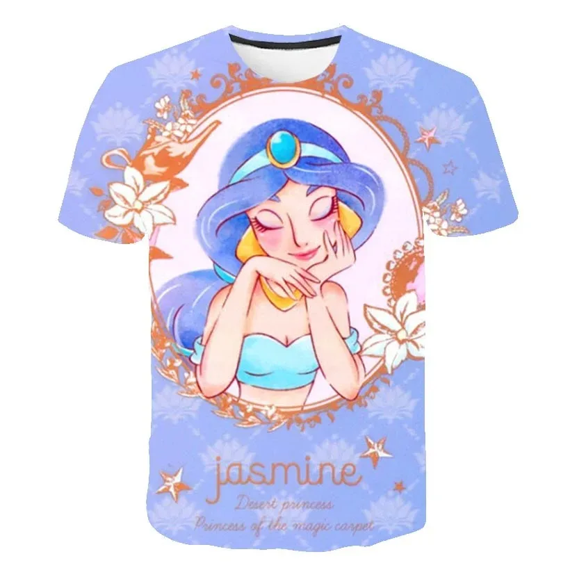 T-shirt à col rond pour filles, vêtements de dessin animé 3D, série Disney, t-shirts décontractés, mode de rue, été, princesse J