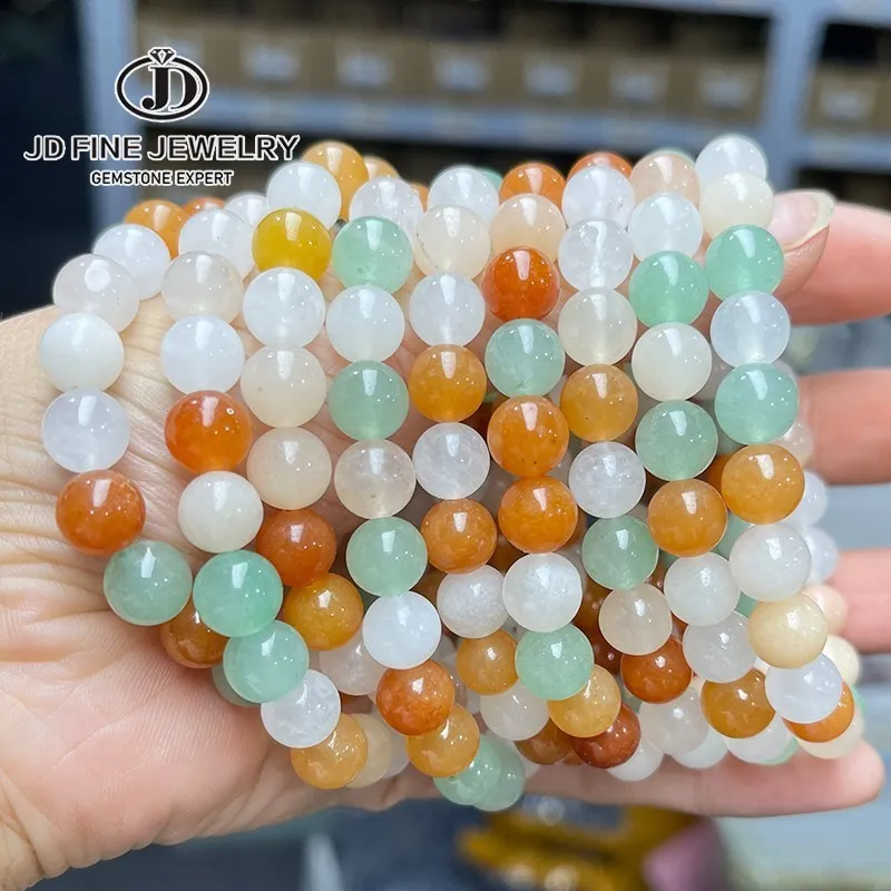 JD Natural Three Color Mixed Jade Round Bead Bracelets Women Fashion Beautiful Single Circle Stretch Strand Bracelet Jewelry