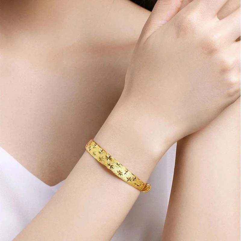 Pure Plated 100% Real Gold 24k Bangle Bracelet for Women\'s Mascot Solid All-star Push-pull As a Gift Girlfriends Pure 18k 999 Go