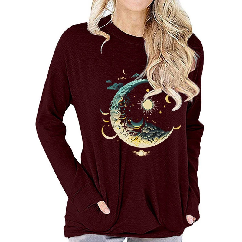 Premium Long-sleeved T-shirt Women Boho Vintage Mystic Moon and Sun Graphic T Shirts Women Celestial Sun and Moon Classic Tops