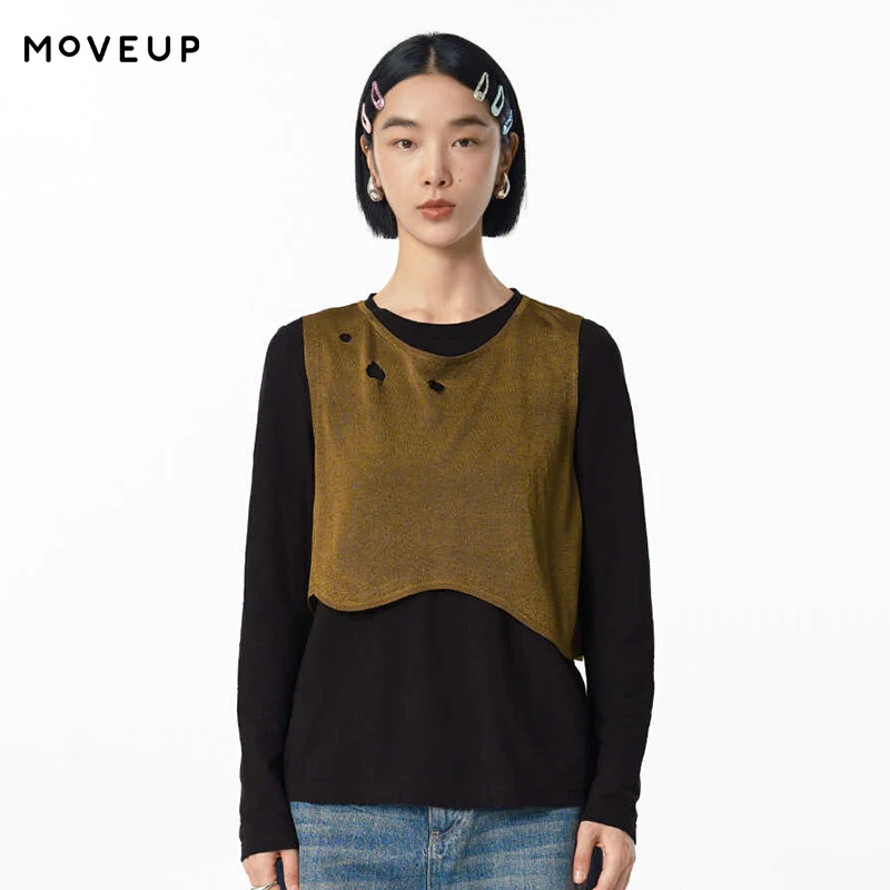 

MOVEUP Long Sleeves Round Neck T-Shirt Spring Hollow Contrast Color Asymmetrical Hem Two-Piece Set Top For Women 125110402
