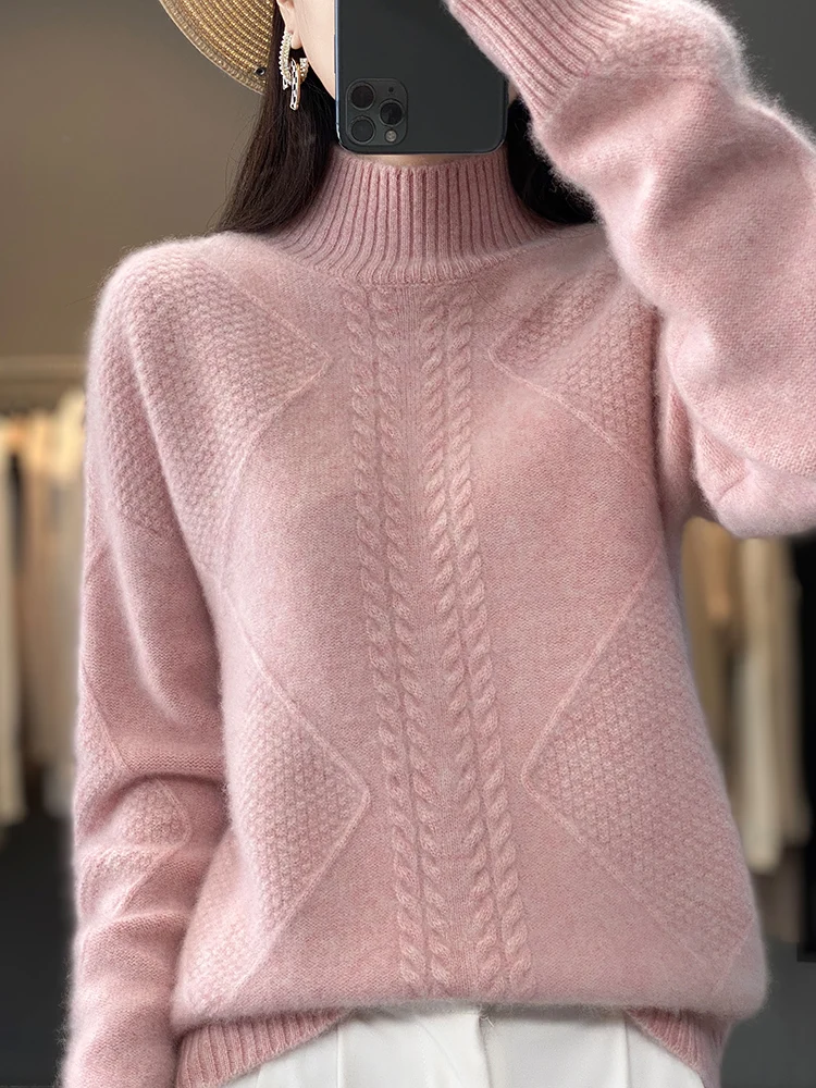 Autumn Winter 2022 New Cashmere Sweater Women\'s Half High Neck Loose Thicken Knit Pullover Slouchy Versatile 100% Woolen Sweater