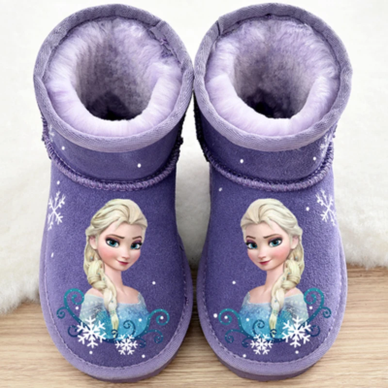 Disney Princess Girls Frozen Winter Snow Boots Water Shoes Non-slip Purple Rose Red Warm Shoes Size 26-37