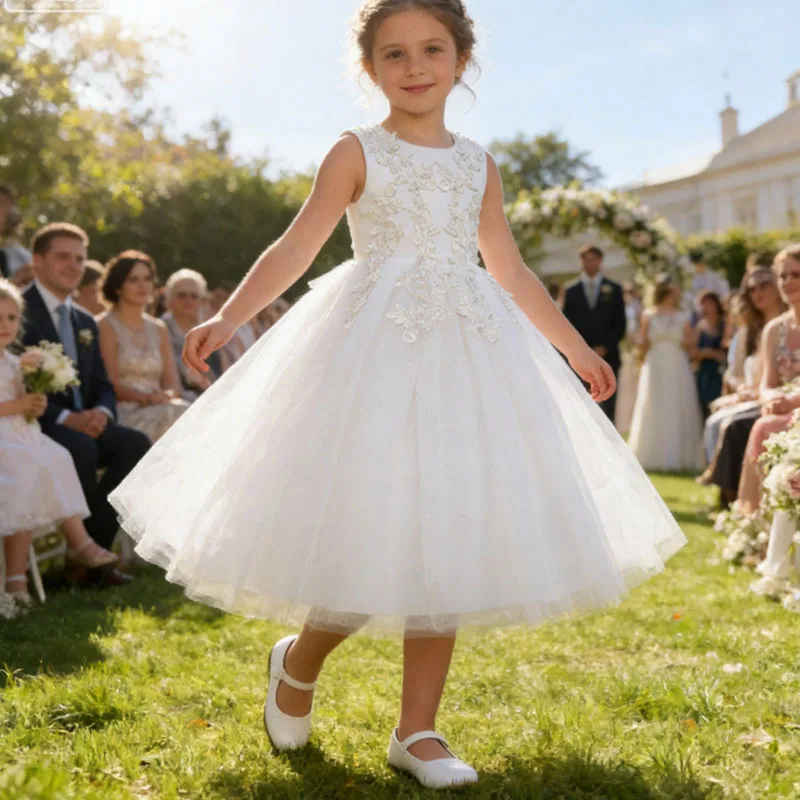 Mädchenkleider für Eid, weiße Hochzeit, Abschlussball, Geburtstag, elegantes Blumen-Prinzessinnenkleid, Erstkommunion, formelle Abendkleider