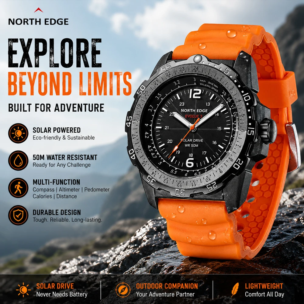 

NORTH EDGE EVOQUE 2 Men Digital Military Watch Waterproof 50M Men's Sport Wristwatches Solar Power Luminous Enviormentally Clock