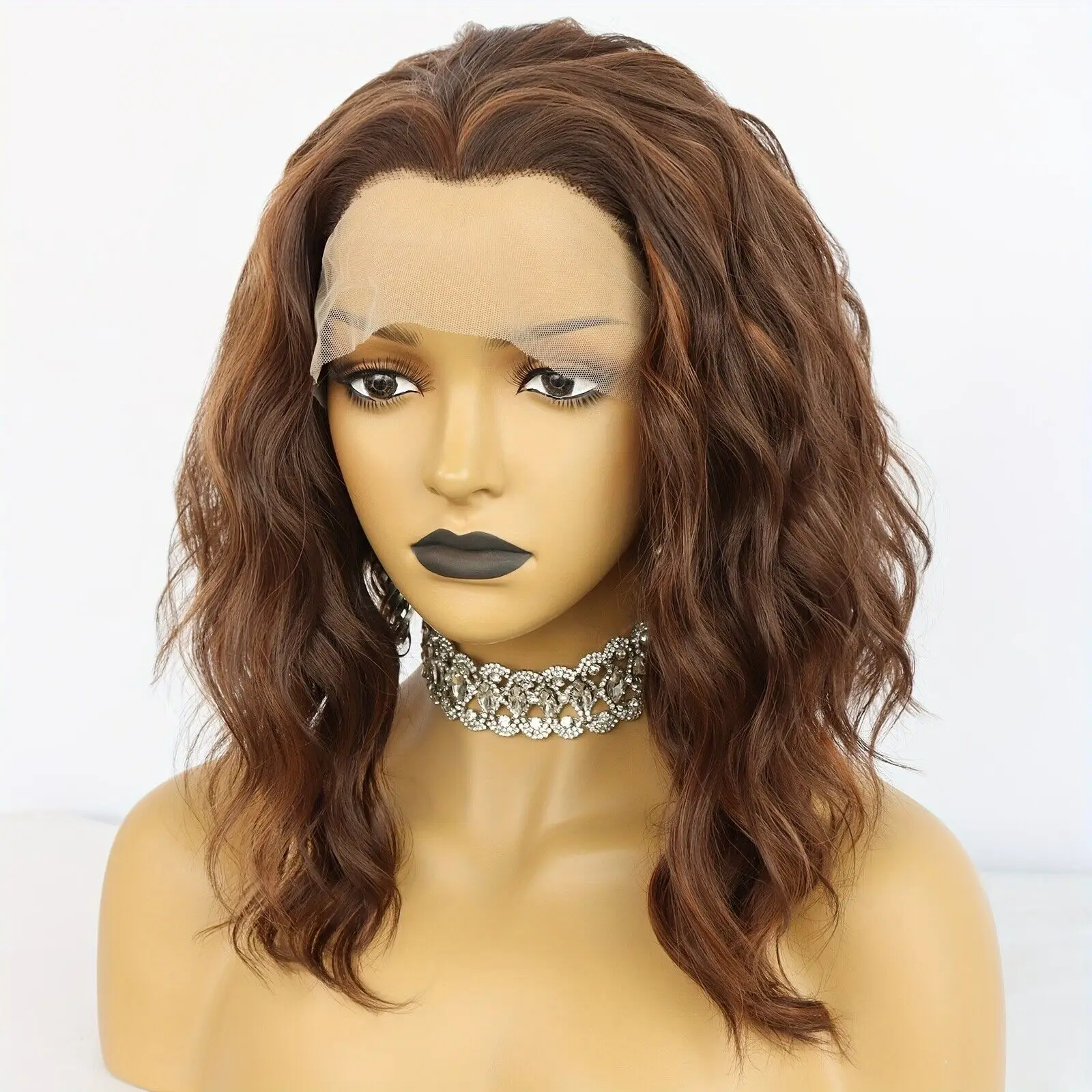 

Mixed Brown Medium Length Wavy Hair Lace Front Synthetic Wigs