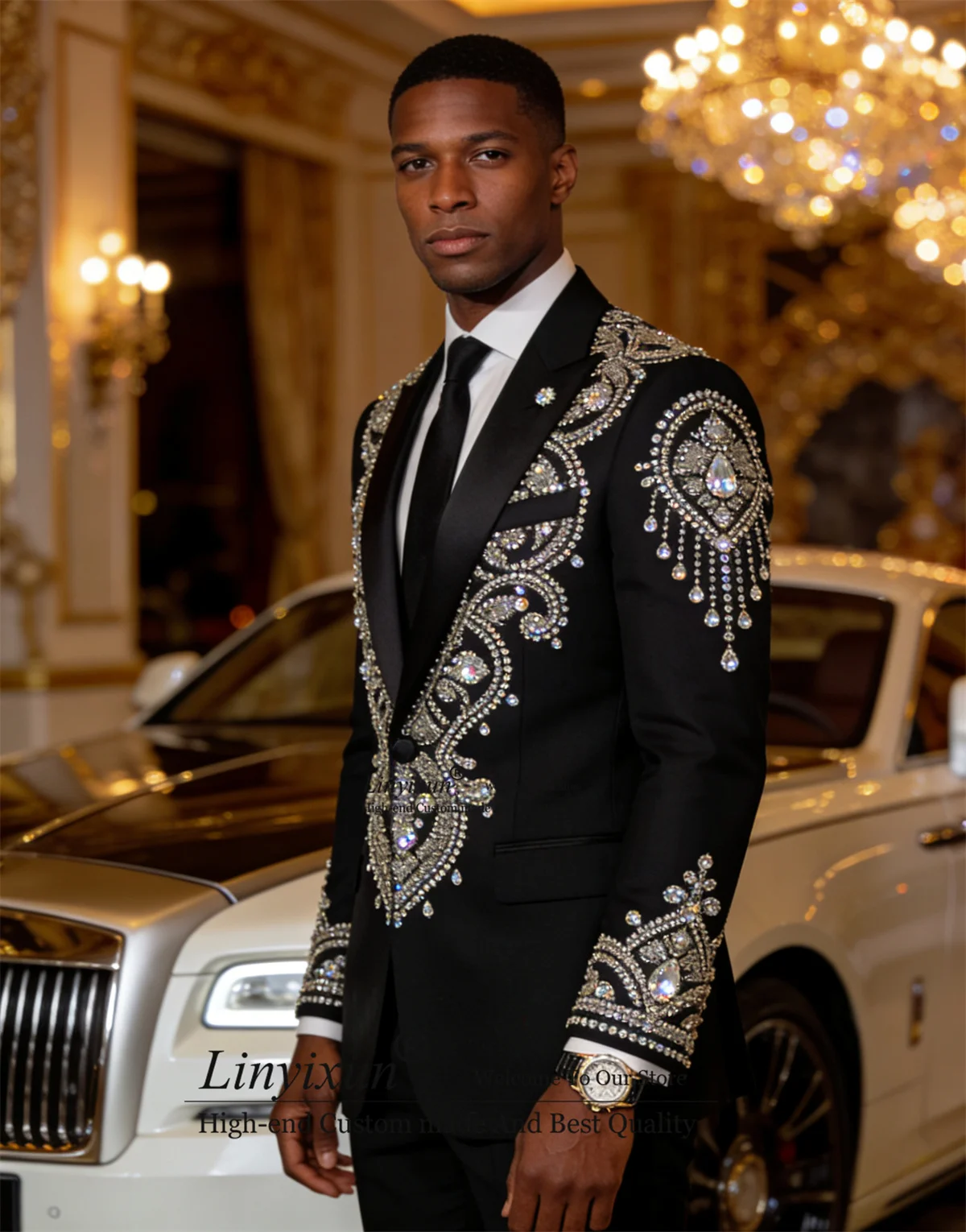 

Luxurey Gem Crystals Men Suits 2 Piece Set Male Prom Blazers Customized Wedding Groom Tuxedo Slim Fit Peaked Lapel Costume Homme