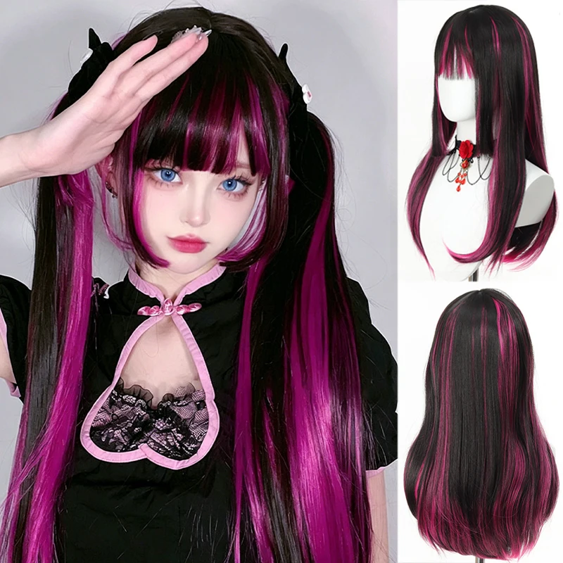 

Synthetic 24 inch black straight hair wig for women with bangs long anime cosplay wig suitable for daily parties