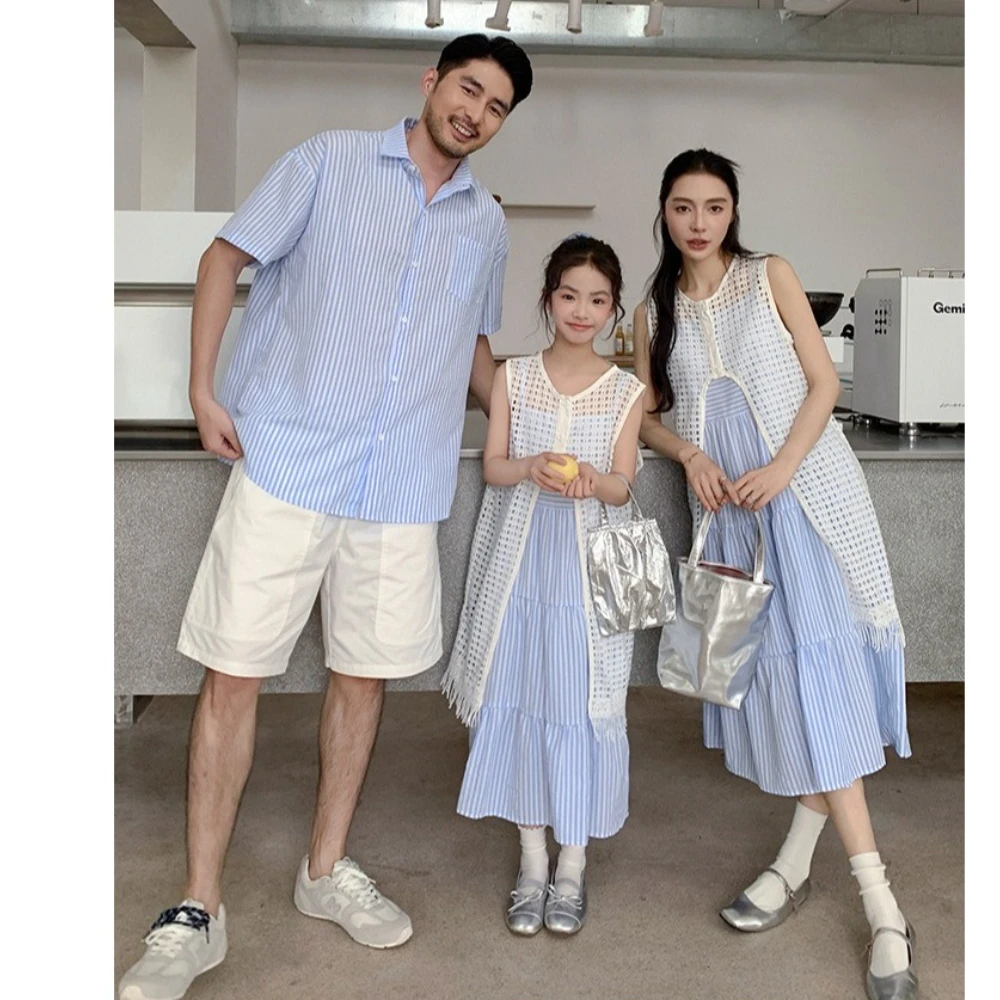 

Striped Family Look Dad Son Short Sleeve Shirt Mom Daughter Dress Vacation Beach Casual Matching Family Outfit Summer Daily Wear