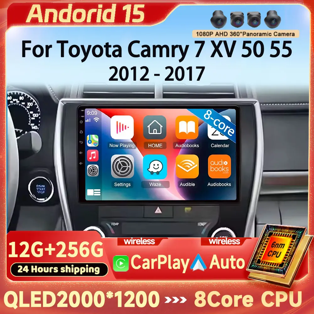 Reproductor Multimedia para Auto Android 15 para Toyota Camry 7 XV 50 55 Versión Estadounidense 2012-2017, Carplay Inalámbrico, Auto 4G Wifi, Sin DVD 2din