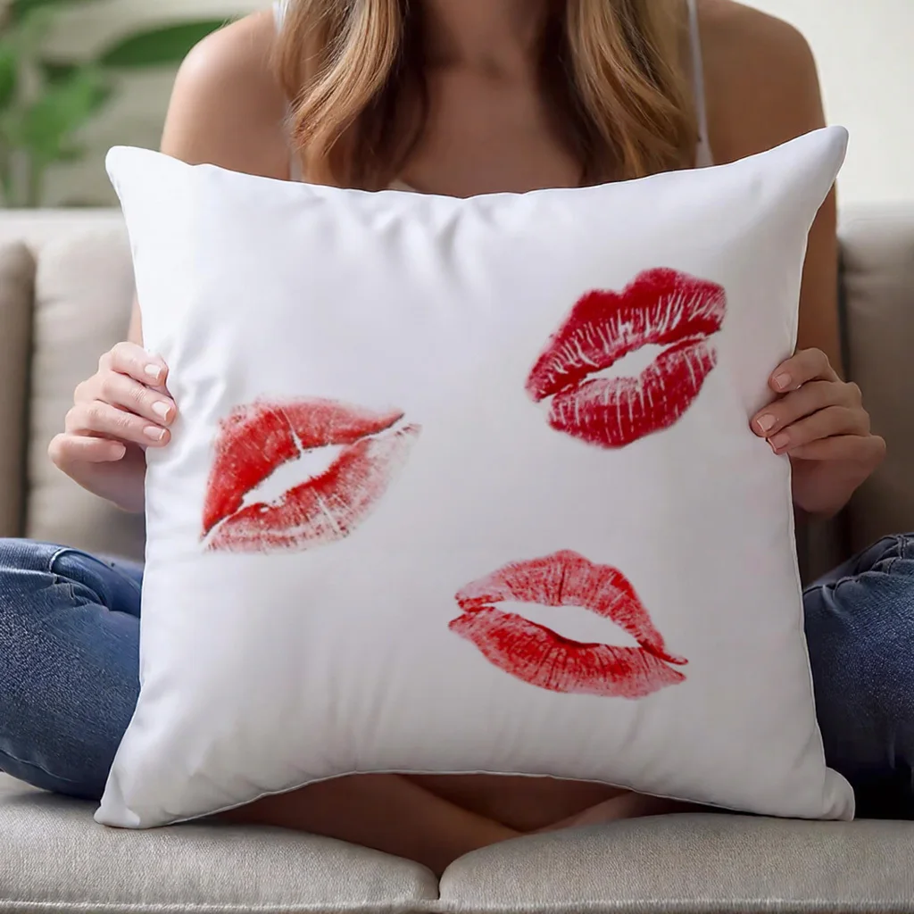 1pc Abstract Lip Impression Motif Pillow Cover 45x45cm 18x18in Monochromatic Red-on-White Polyester Decorative Cushion Case