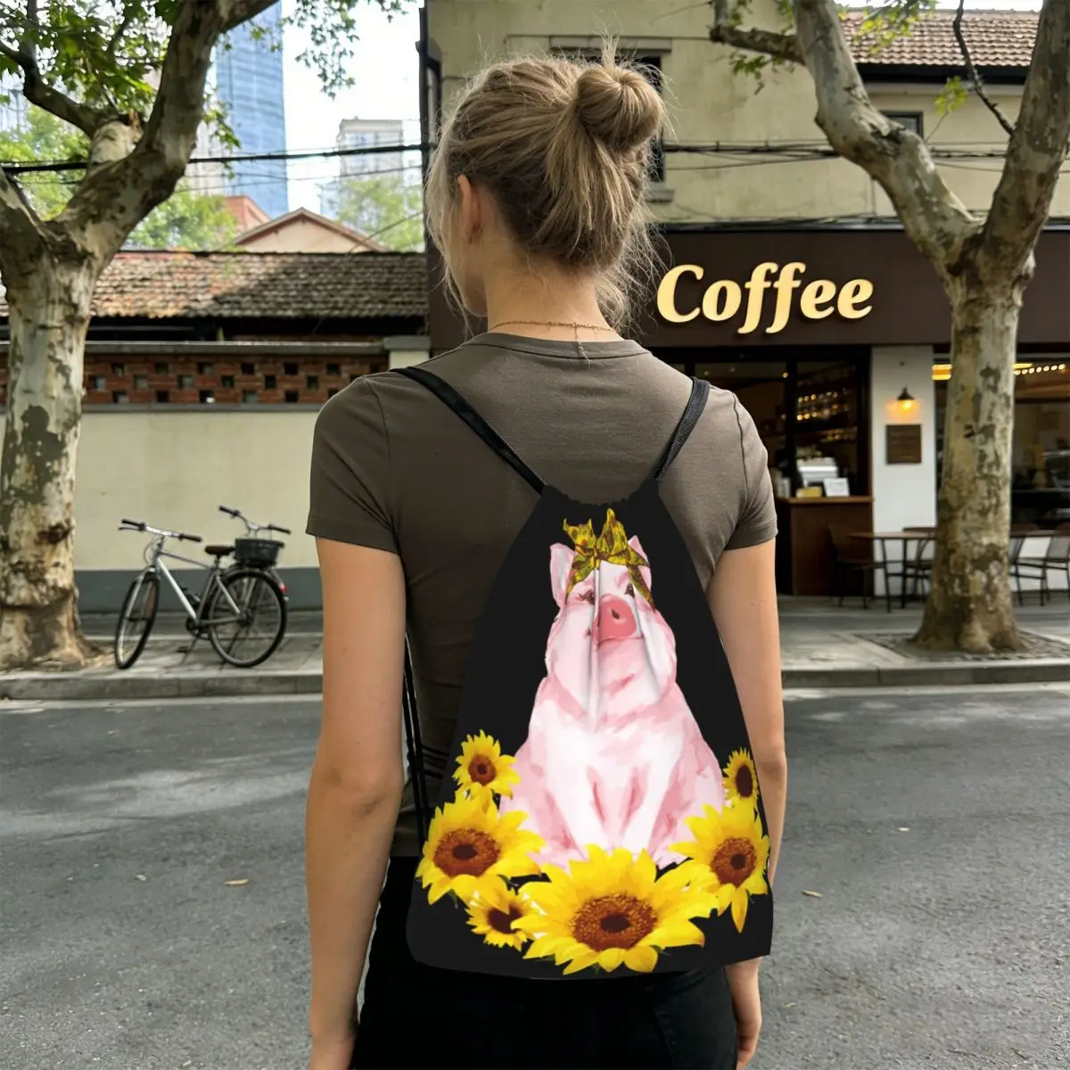 Funny Pig Surround By Sunflower Backpacks Portable Drawstring Bags Sports Bag Book Bags for Travel School