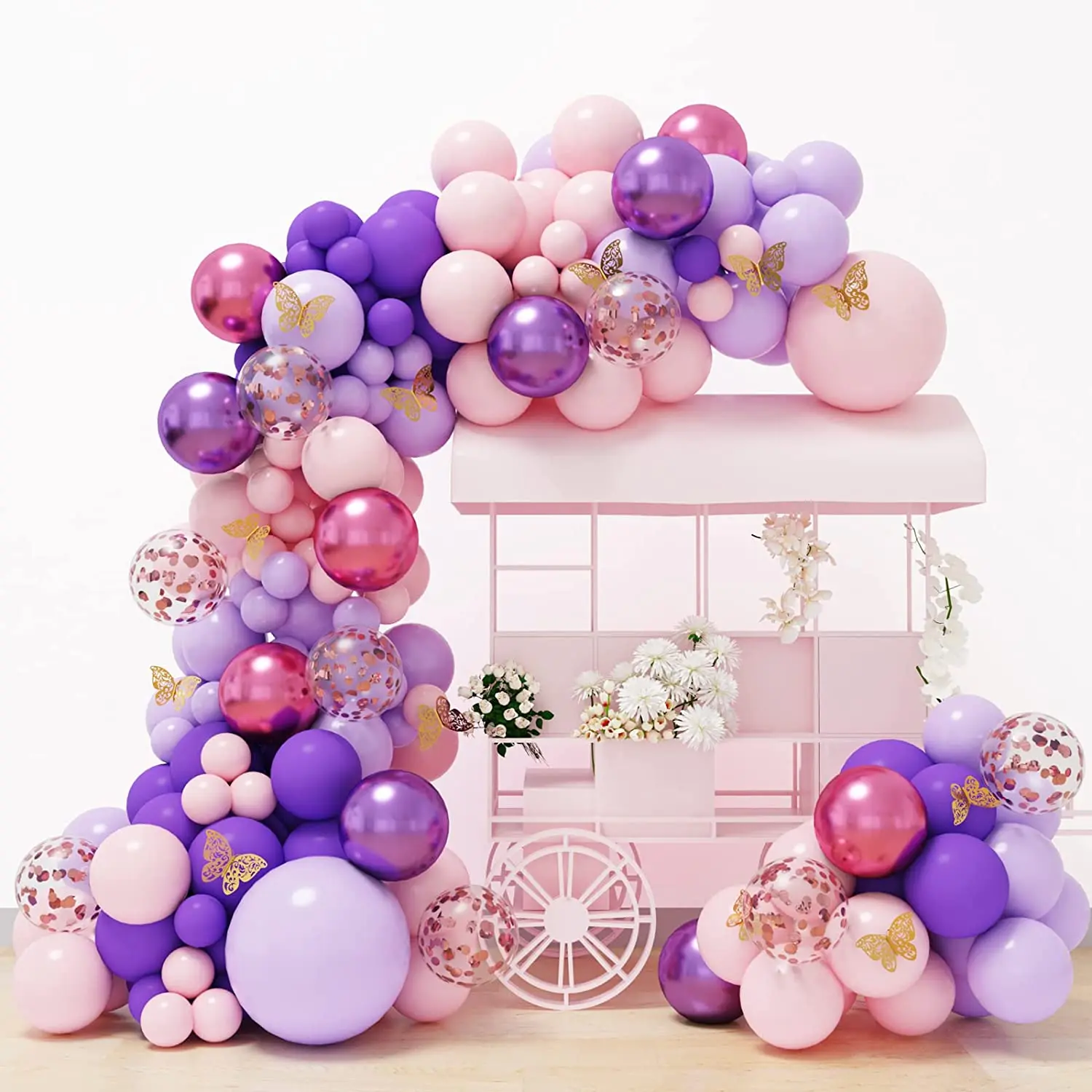 143-teiliges Schmetterlings-Rosa-Lila-Latex-Ballon-Set, geeignet für Geburtstagsfeiern, Hochzeiten, Valentinstag-Party-Dekoration