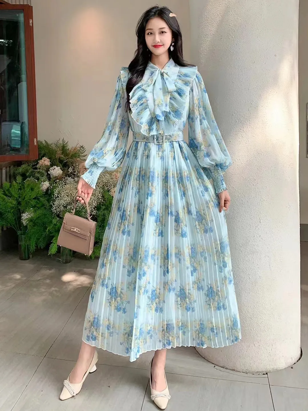 2024 New Spring Autumn Women Bow Collar Long Sleeve Belt Slim Long Dress Sweet Ruffles Pleated Big Hem Chiffon Floral Dress