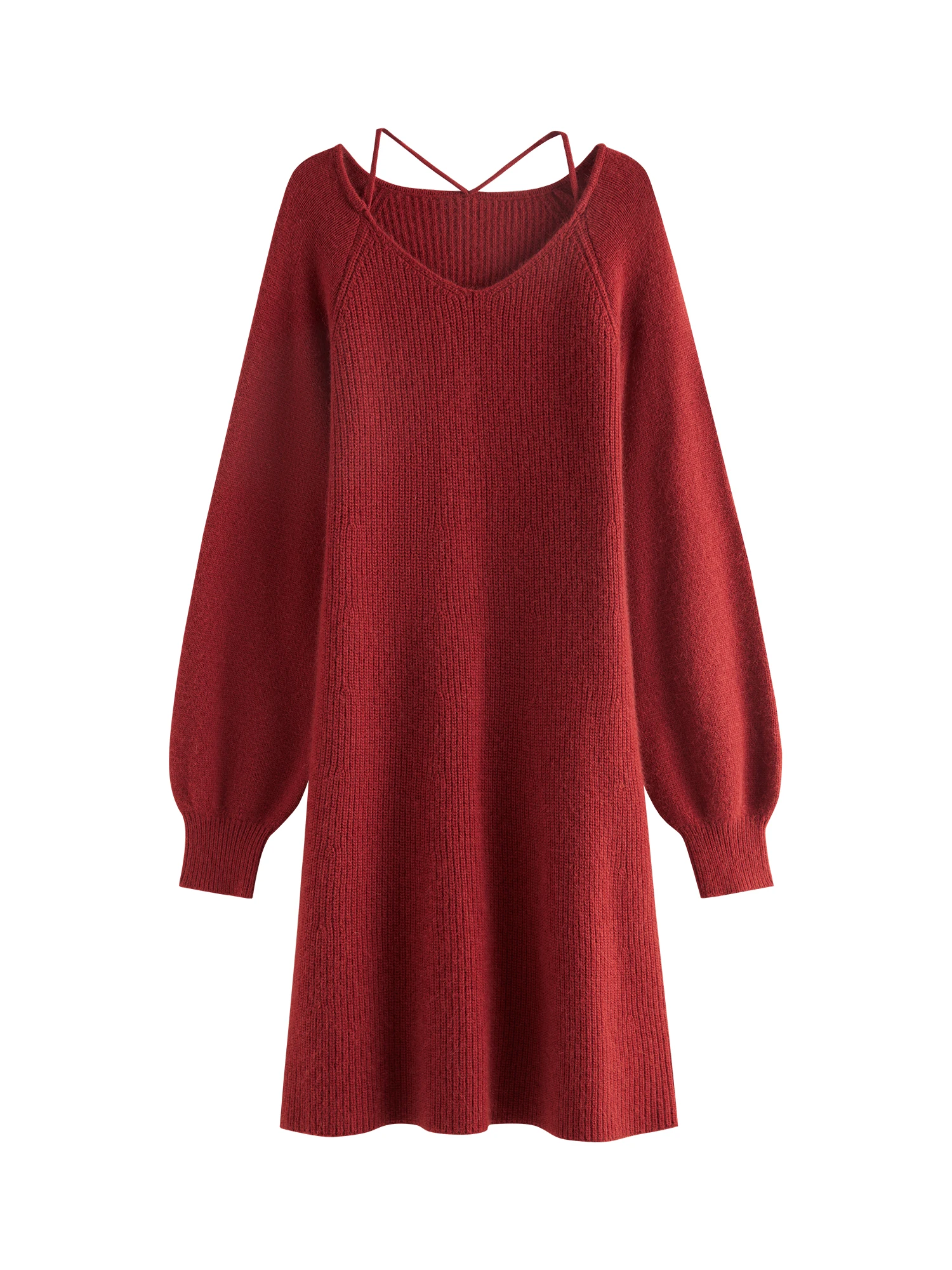 FSLE 8% Sheep Wool V-neck Red Elegant Sweet Style Knitted Dress For Women 2024 Winter New Design  Long Sleeves Dress 24FS14372