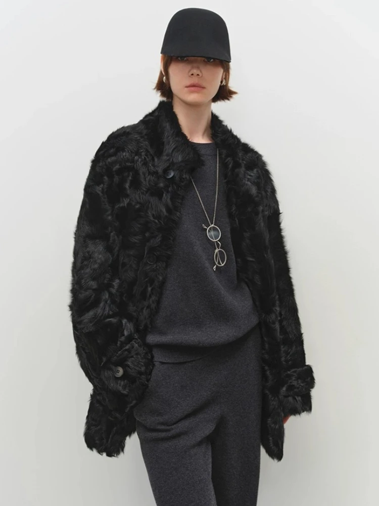 الراقية الفاخرة فرو الضأن الطبيعي شيرلينغ الستر للنساء بسيطة الوقوف طوق منتصف طول الشتاء جلد طبيعي معطف الفرو الحقيقي #5